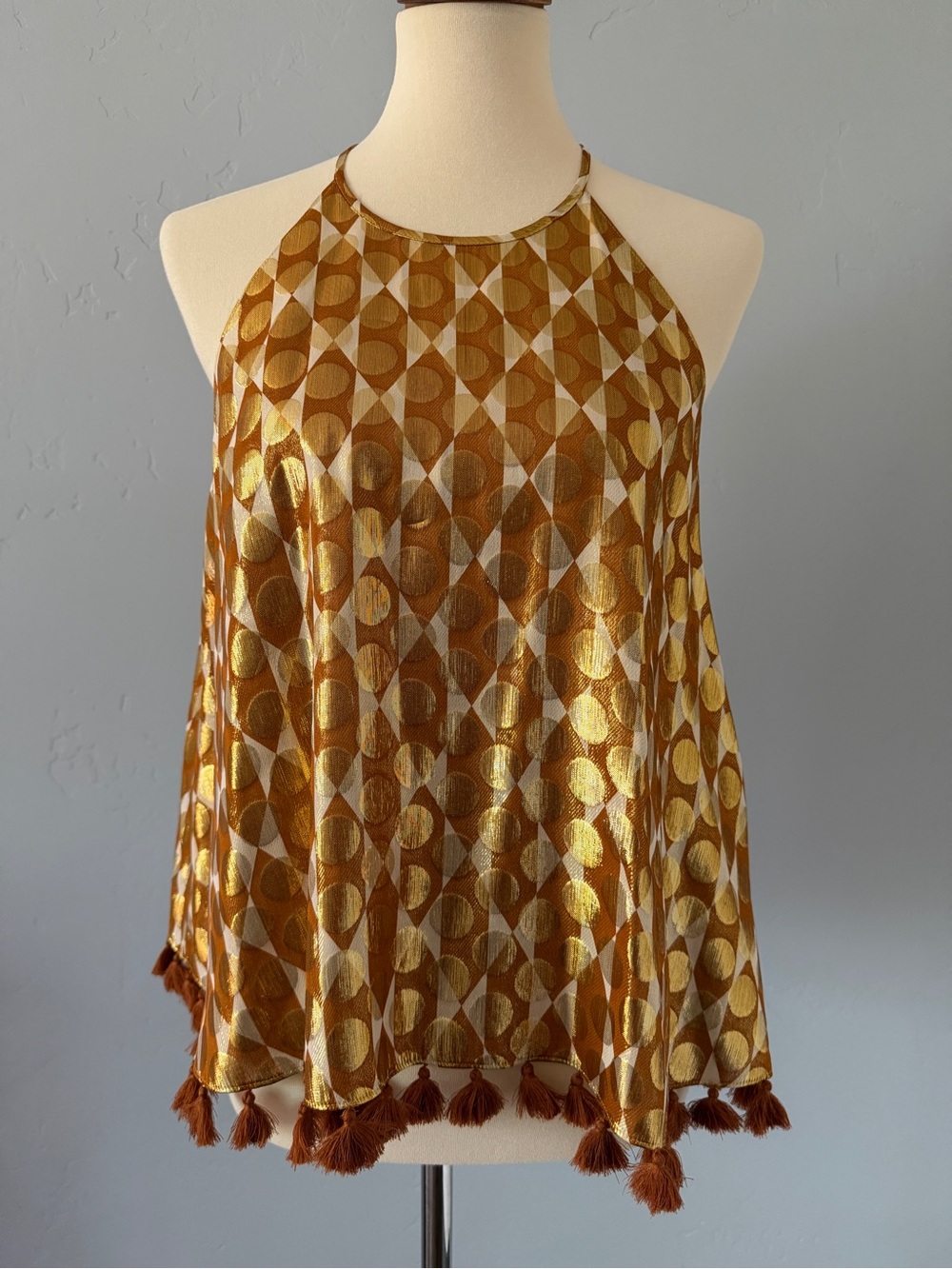 Tory Burch Silk Metallic Halter Top - Caramel Cream Gold - Tassel Hem - Size 8